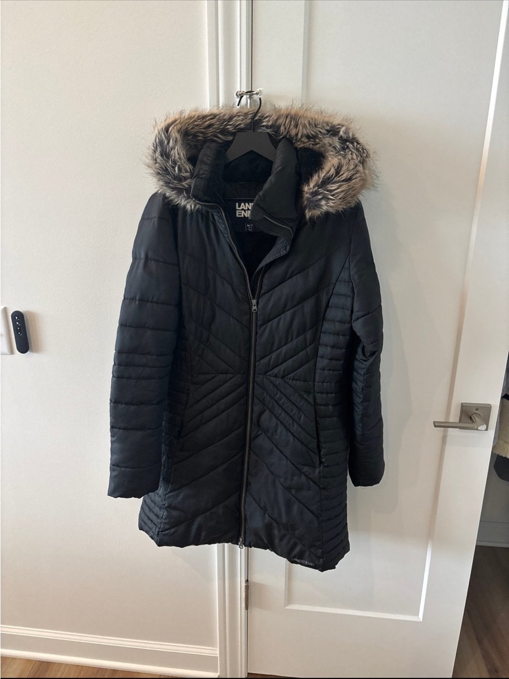 Lands' End Black Quilted Puffer Coat with Faux Fur-Trimmed Hood